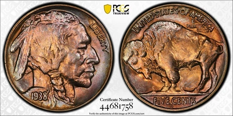 1938 D/S OMM Overmintmark Buffalo Nickel PCGS MS 64 CAC (BEAUTIFUL TONING) Cover