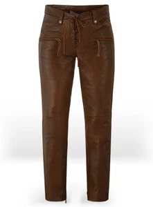 Real Lambskin Leather New Stylish Casual Fashionable Brown Men's Leather Pants - Picture 1 of 8