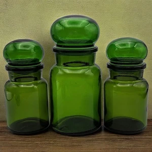 Vtg Green Glass Apothecary 3 Jar Set with sealed Bubble Top Lid Made in Belgium - Picture 1 of 8