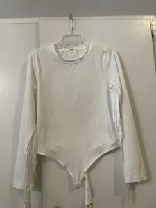 NWT Bravely  Thong Bodysuit Long  Sleeve With Cowgirl Fridge Size L-white - Picture 1 of 6