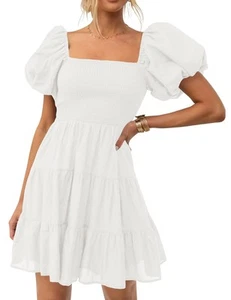 Women's Boho 2025 Summer Square Neck Puff Sleeve Off Shoulder Smocked Tiered ... - Picture 1 of 9