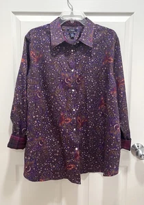 CHAPS Womens 2X Purple Floral Button Shirt No Iron Long Sleeve Flip Cuff Cotton - Picture 1 of 7