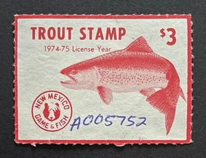 New Mexico State Revenue - 1974 used $3.00 Trout stamp - Wooton #2, Cotton #1 NM - Picture 1 of 2