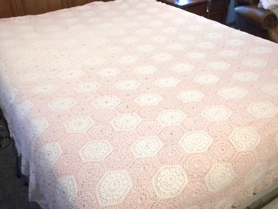 Vintage Crocheted Pink & White Coverlet Bed Spread w/ Doily & Tiebacks - Image 1 of 4