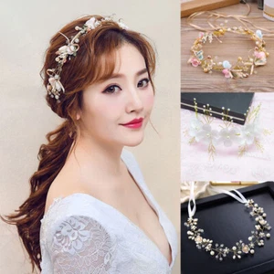 Crystal Diamante Pearl Flower Hair Band Bridal Wedding Party Prom Headband Tiara - Picture 1 of 12