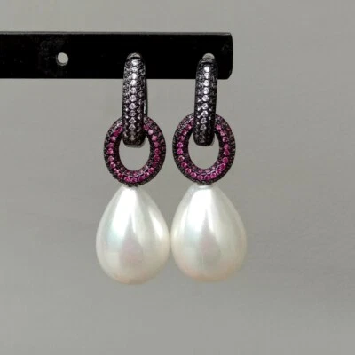 White Teardrop Sea Shell Pearl Red Cz Pave Ring Stud Earrings - Image 1 of 4