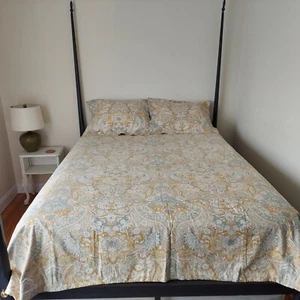 POTTERY BARN Linen Blend Paisley DUVET COVER & 2 Std SHAMS Blue Gold F/Q 85x87" - Picture 1 of 10