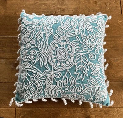100% Wool Throw Pillow Teal Cream Floral Needlepoint Pattern Fringe Peru 17 X 17 - Image 1 of 4