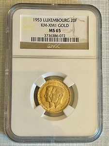 Luxembourg 1953 KM-XM1 20 Francs Gold NGC MS65 SKU# 3697 - Picture 1 of 2