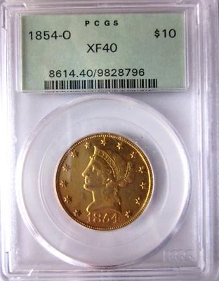 1854-O LARGE DATE LIBERTY GOLD EAGLE $10 DOLLAR NICE NEW ORLEANS MINT PCGS-XF40 - Image 1 of 4