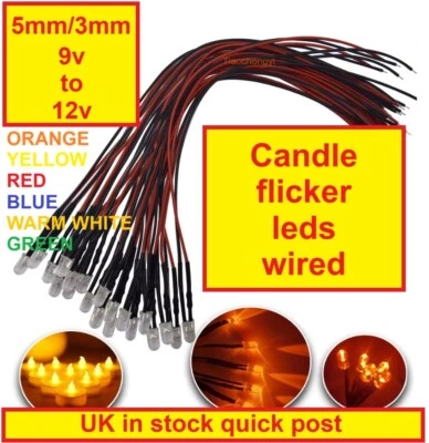 Candle Flicker 3mm 5mm 9V 12V clear lens wired quality LEDS models etc UK stock - Image 1 of 2