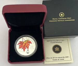 2009 CANADA FINE SILVER $20 DOLLARS MAPLE LEAF SWAROVSKI CRYSTAL RAINDROP COIN - Picture 1 of 5