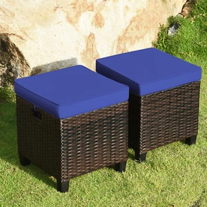 Set of 2 Patio Rattan Ottoman Footrest Garden Outdoor w/ Navy Cushion - Picture 1 of 10