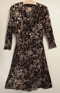 Kasper Wrap Ruched Leopard Animal Print 3/4 Sleeve Wrap Dress Women’s Medium - Picture 1 of 8
