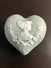Schafer & Vater Green Jasperware Vanity Heart Box With Lady And Flowers