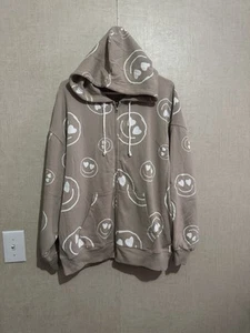 SO Juniors Smiley Face Oversize Full Zip Jacket Hooded Sz Medium Tan & White NWT - Picture 1 of 7