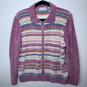 VTG Alfred Dunner Womens Size Large Grannycore Zip Up Sweater Chenille Fair Isle - Picture 1 of 11