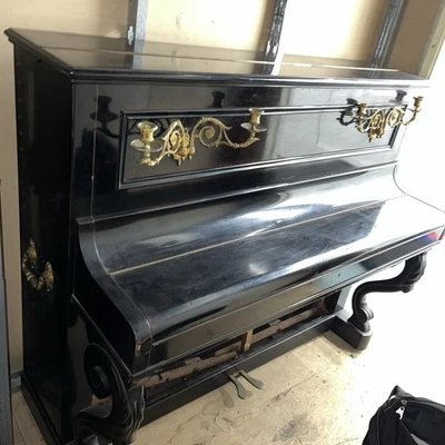 Morawski Paris label Upright Piano with candelabra, works, late 1800s. - Image 1 of 4