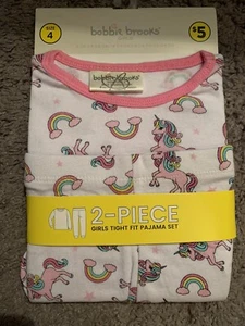 Girl Tight Fit Pajama Set Bobbie Brooks Unicorns Rainbows Size 4 Top Bottom New - Picture 1 of 2