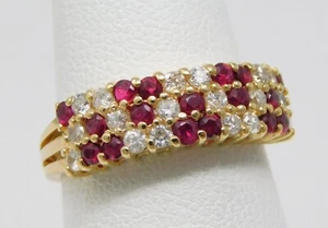 14 kt Yellow Gold 3 Row NATURAL RUBY & Diamond Half Band Ring Sz 6 B6325 - Picture 1 of 6