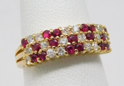14 kt Yellow Gold 3 Row NATURAL RUBY & Diamond Half Band Ring Sz 6 B6325 - Image 1 of 4