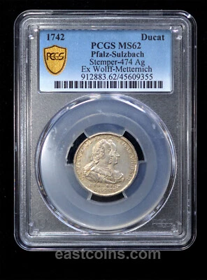 PCGS MS62 1742 German States Pfalz-Sulzbach - Karl Theodor silver Ducat - Lone T - Image 1 of 4
