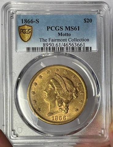 1866-S $20 MOTTO, PCGS MS 61 LIBERTY DOUBLE EAGLE; FAIRMONT COLLECTION, X-RARE!! Cover
