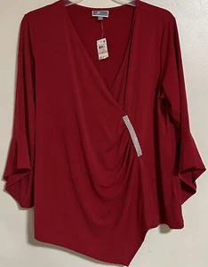JM Collection Wrap Blouse Women’s Size 2X Red Bell Sleeve New - Picture 1 of 7