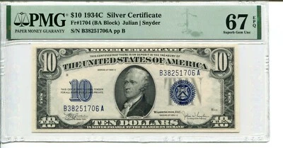 FR 1704 1934C $10 Silver Certificate PMG 67 EPQ SUPERB GEM UNCIRCULATED - Image 1 of 2