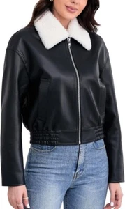 Women Bomber Leather Jacket Cropped Lambskin Sherpa Collar Elasticized Hem Black - Picture 1 of 6