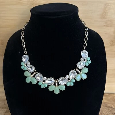 Gold Tone Bib Necklace Mint Green Teardrop Stones and Large Rhinestones 18-21” - Image 1 of 4