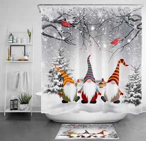 Winter Snow Scene Funny Gnome Christmas Shower Curtain Set for Bathroom Decor - Picture 1 of 18