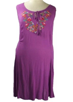 NEW Roaman's Purple Plus Size 2X Dress Crinkle Embroidered Pockets Tasseled - Image 1 of 4