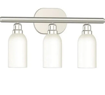 Three Lamp Vanity Fixture Light Brushed Nickel White Glass Monument 2479607 - Image 1 of 4