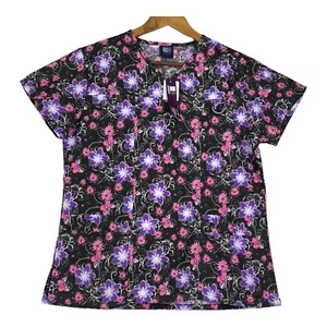 MG Medgear Womens Scrub Top V Neck Black Floral Paradise Easy Care Size S - Picture 1 of 13