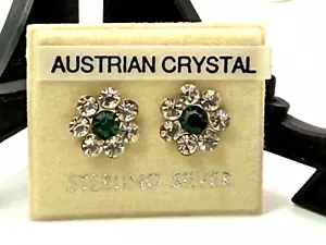Vintage Sterling Silver Earrings 925 Jewellery Green Austrian Crystal Stud - Picture 1 of 6
