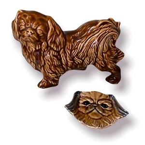 Brown Pekingese figurine & 3D dog face Wall Trinket plate Wade England Porcelain - Picture 1 of 6