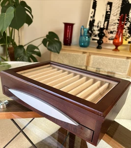 Wood Pen Display Box Glass Top Drawer 30 Slot Dark Wood w/ Vintage Dip Pen - Picture 1 of 12