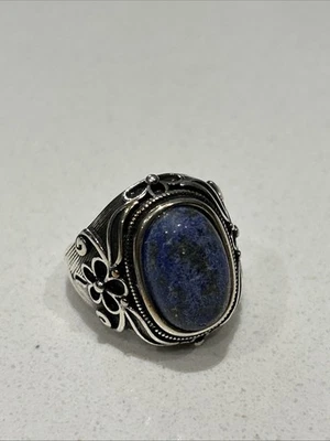 Большое мужское кольцо из стерлингового серебра с натуральным голубым овальным камнем лазуритом S925 - Изображение 1 из 4