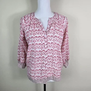 BELL Shirt Womens XS Pink White Boho Floral Print Silk Cotton Blouse 3/4 Sleeve - Picture 1 of 12