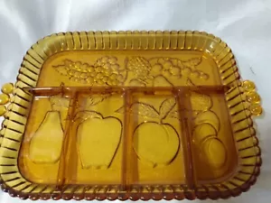 Indiana Amber Glass Divided Fruit Embossed Party Relish Serving Tray Dish Vtg - Picture 1 of 4