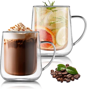 Clear Double Wall Glass Coffee Mugs 13.5Oz, Set of 2, Insulated Borosilicate - Picture 1 of 12