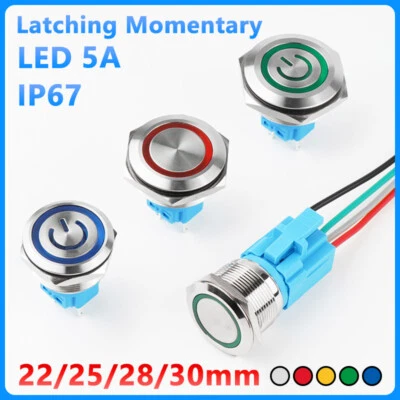 22/25/28/30mm LED Push Button Switch Momentary Latching On/Off Waterproof Metal - Image 1 of 4