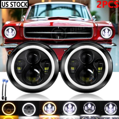 Pair 7" Inch LED Headlights w/ DRL Turn Signal Lights For Ford Mustang 1965-1973 Foto 1 de 4