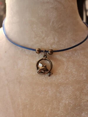 Blue Tone Collar Choker Necklace W/ Pewter Dolphin Through Ring Pendant - Image 1 of 4