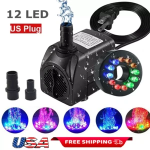 Submersible Water Pump with 12 LED 16W Lights for Fountain Pool Garden Pond Tank - Picture 1 of 15