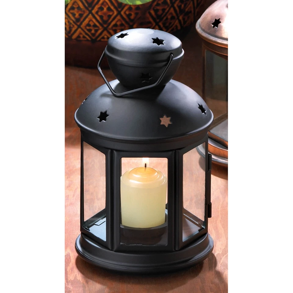 Set of 20 Black Iron Colonial Style Candle Lanterns With Clear Glass Panels