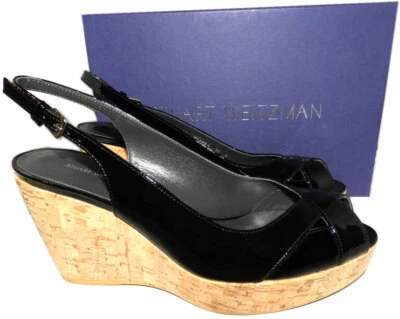 $460 Stuart Weitzman Wedge Sandals Vent Peep Toe Slingbacks Cork Sz 10 Fit 9-9.5 - Image 1 of 4