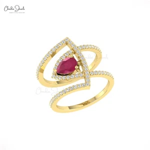 14K Solid Gold 7x5mm Pear Cut Ruby & Diamond Cocktail Engagement Wedding Ring - Picture 1 of 27