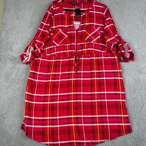 Torrid Shirt Dress Womens 2 2X Pink Red Plaid Stretch Zip Front Roll Tab Challis - Picture 1 of 18